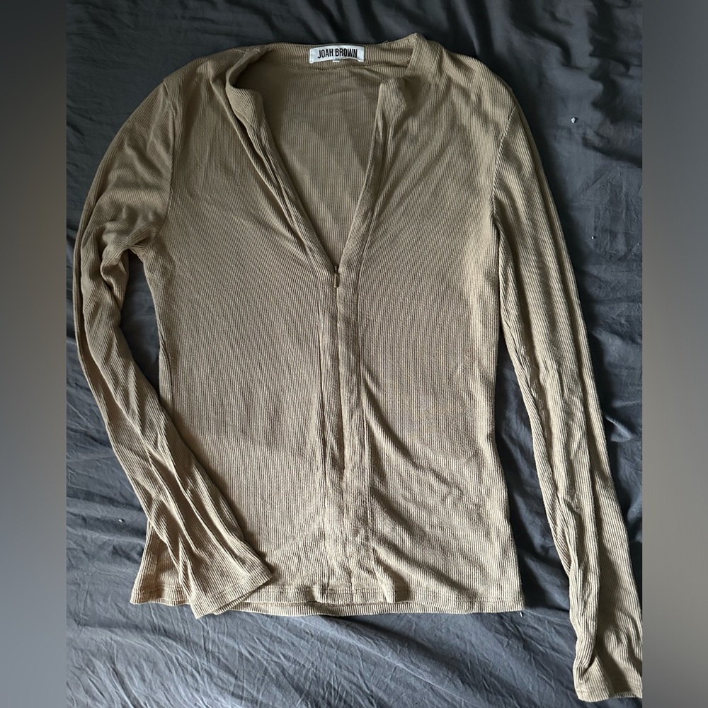 Joah Brown Invisible Zip Ribbed Long Sleeve Taupe Small Medium